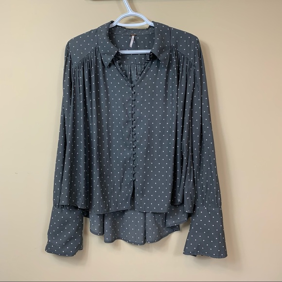 Free People Gray Polka Dot Hi Low Blouse Top - Picture 1 of 11